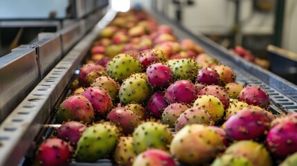 Freshly harvested prickly pears on a conveyor belt awaiting processing and packaging in a fruit production facility.