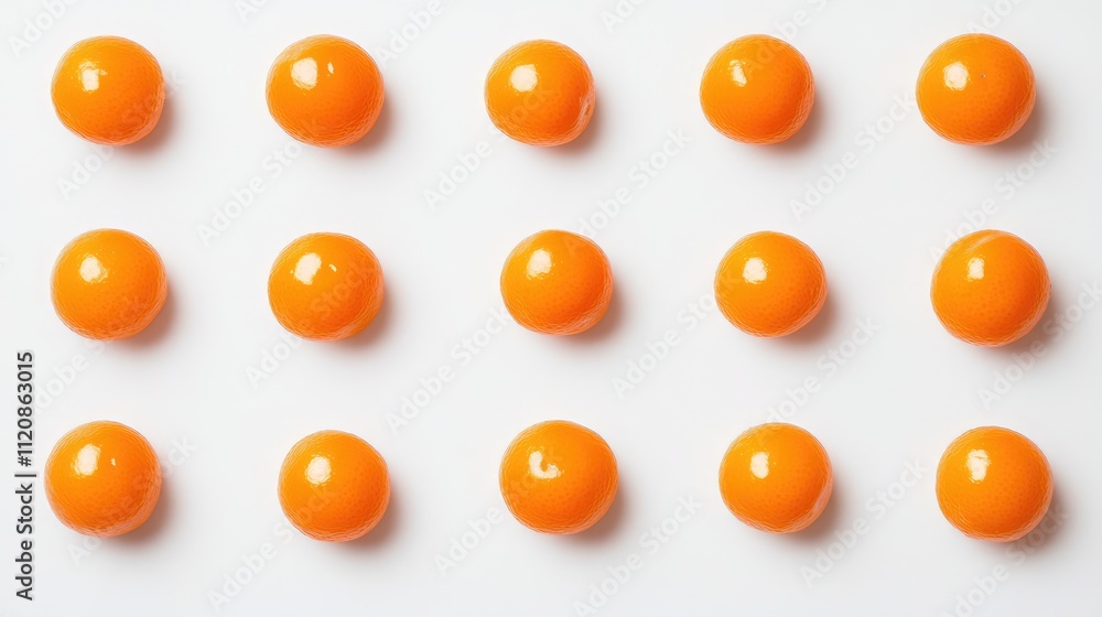 Poster bright orange circular fruit arranged in a grid pattern on a clean white background, emphasizing col