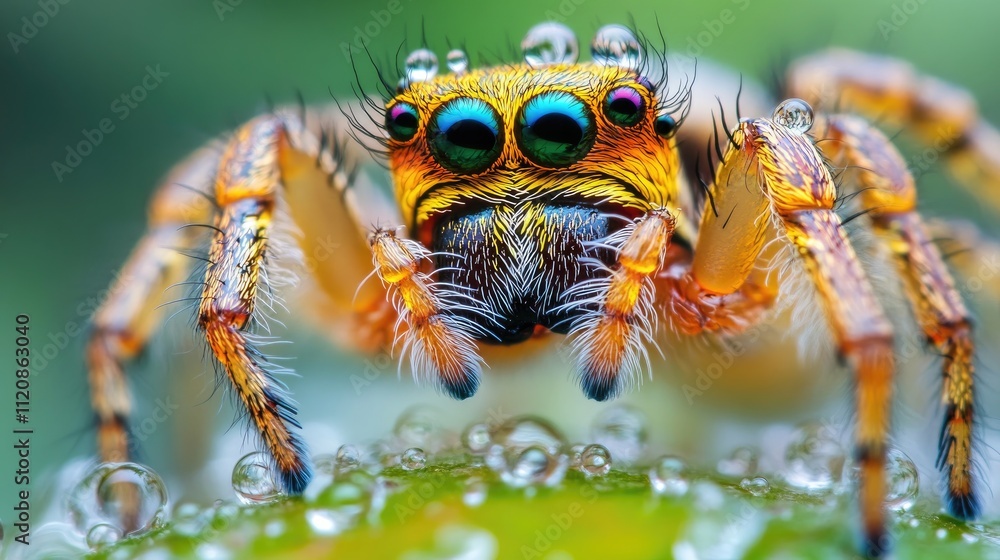 Poster vibrant macro close-up of colorful spider with dew drops highlighting intricate details and textures