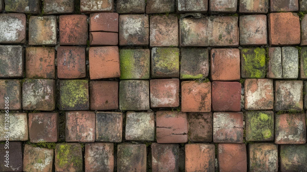 Poster rustic clay roof tiles stacked in rows with green moss accentuating their aged texture and weathered