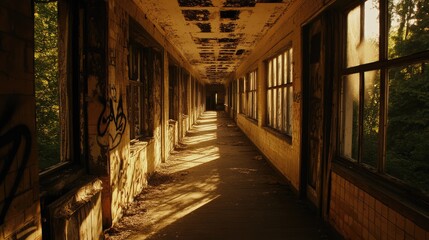 Interior corridor of a dilapidated factory bathed in warm sunlight highlighting peeling paint and graffiti on the walls