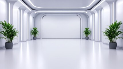 Modern, minimalistic interior with plants and bright lighting.