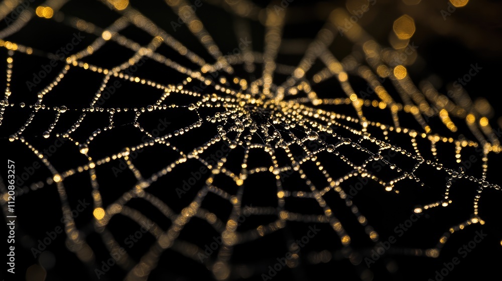Poster intricate spider web design featuring intersecting lines and droplets reflecting light in a mesmeriz