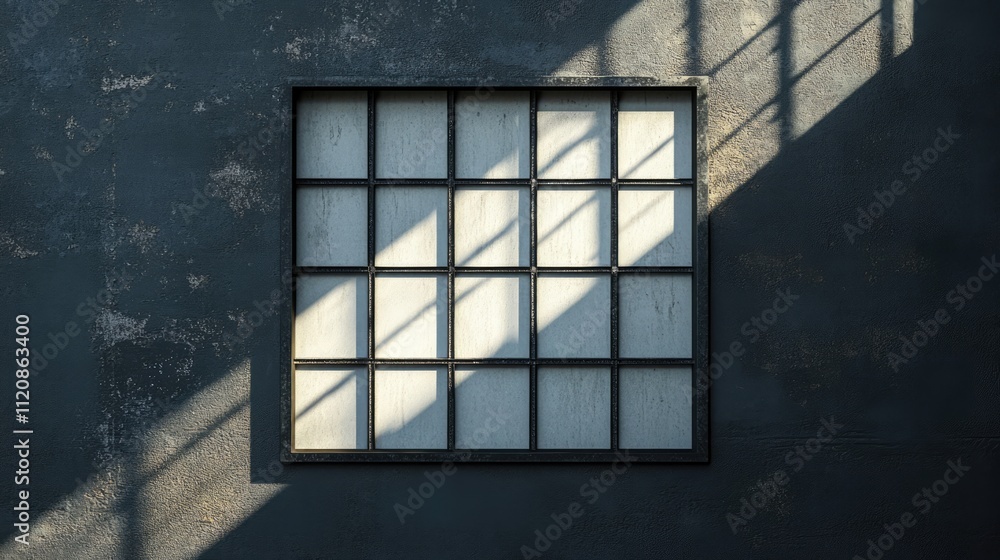 Poster sunlight streaming through a large black metal window casting shadows on a textured wall, creating a