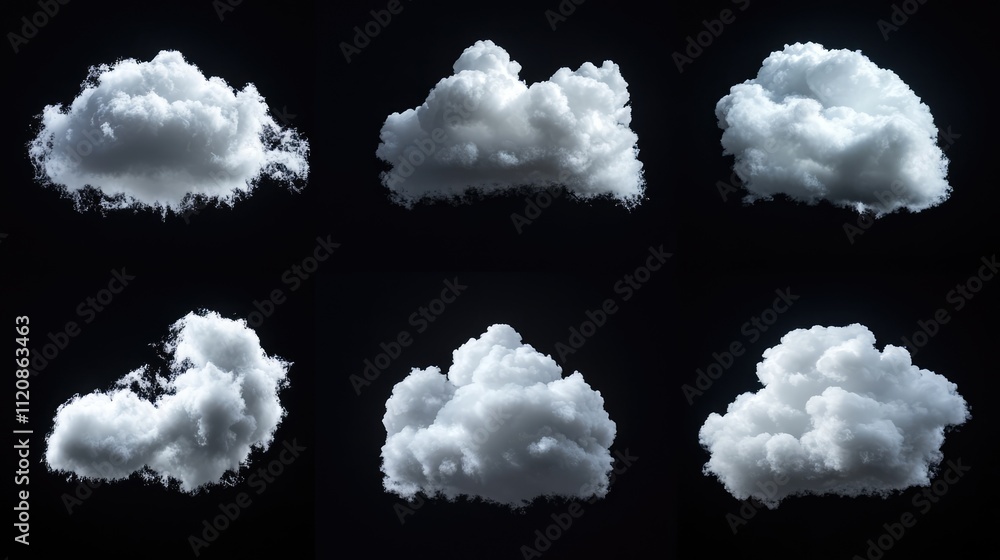Poster set of isolated fluffy white clouds on a black background showcasing various shapes and forms for cr