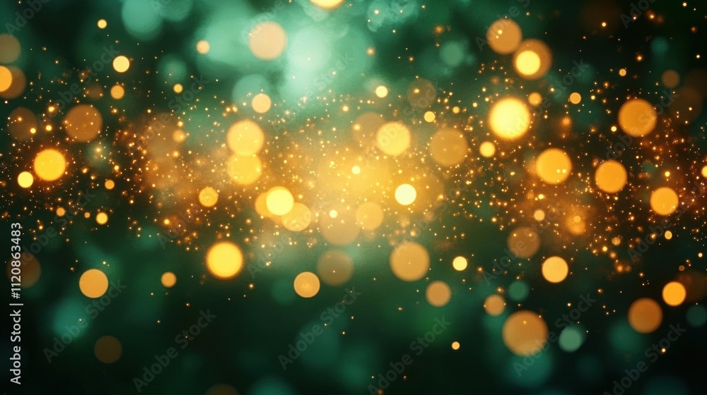 Poster abstract gold bokeh background with emerald green blur light and sparkling orbs