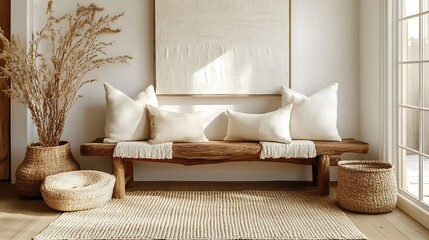 A farmhouse-style entryway with a handcrafted bench featuring textured throw pillows, natural woven baskets for organizing, a beige jute rug,