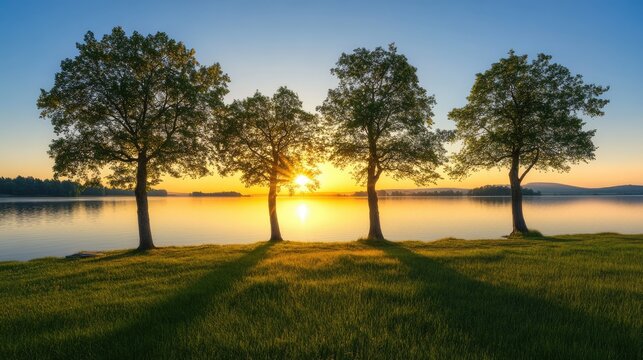 Serene sunrise over Lake Erlensee with trees casting shadows on green grass in Hanau, Hesse, Germany.