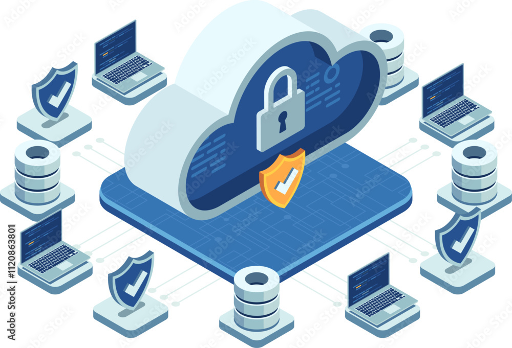 Poster isometric cloud security concept with data protection elements