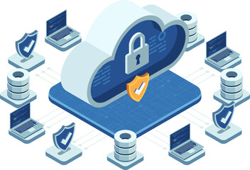 Isometric Cloud Security Concept with Data Protection Elements