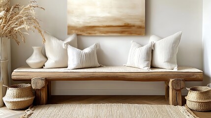 A farmhouse-style entryway with a handcrafted bench featuring textured throw pillows, natural woven baskets for organizing, a beige jute rug,