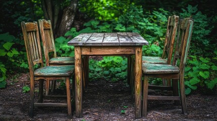 Obraz premium Rustic wooden table and vintage chairs surrounded by lush greenery in a serene garden setting inviting outdoor gatherings and relaxation