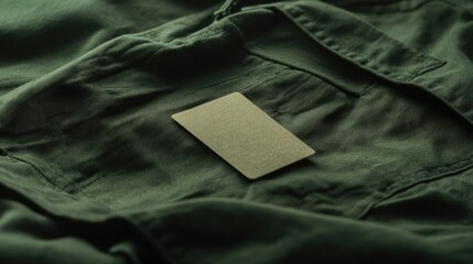 Military identification token placed on a green army uniform fabric highlighting military service and identity close up indoors