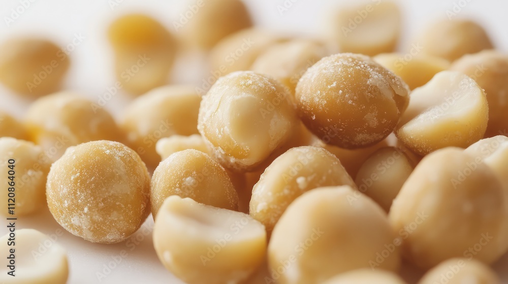 Poster macadamia nuts arranged on a clean white background showcasing their texture and shape in a studio s