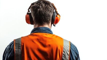 Carpenter in safety gear with hearing protection standing against a white background showcasing work safety practices in construction.