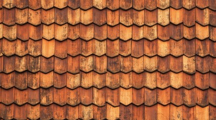 Textured orange brown shingles on a rustic house roof showcasing craftsmanship in rural real estate design and construction.
