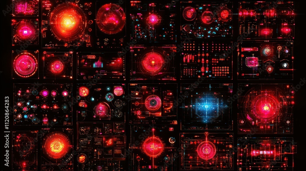 Poster a digital interface featuring abstract red and blue graphical elements and data visualizations.