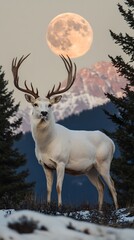 Obraz premium A majestic white deer with perfect antlers, on the mountain and the beautiful view of the full moon at night