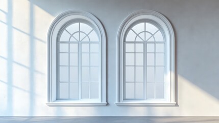 Fototapeta premium Vintage double arched windows mockup showcasing empty frames against a textured wall highlighting classic architectural design elements