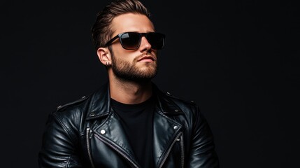 Obraz premium Stylish young man in sunglasses and leather jacket posing confidently against a dark background showcasing contemporary men's fashion trends