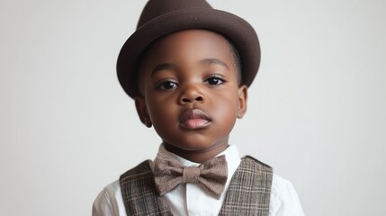 Stylish young boy in vintage attire with bow tie and hat posing against a clean white background for a classic portrait shoot