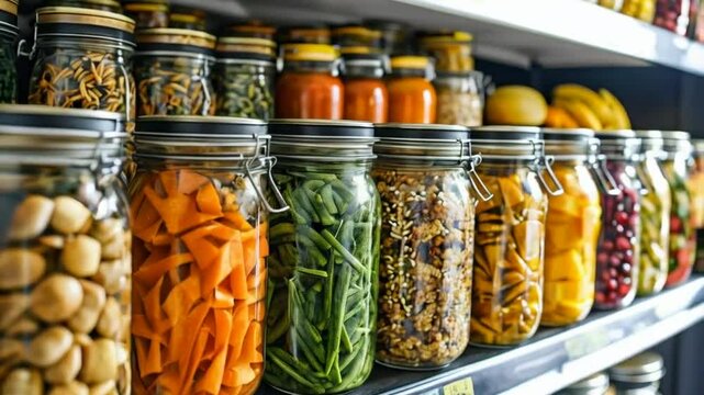 Glass jars filled with various preserved foods on shelves.