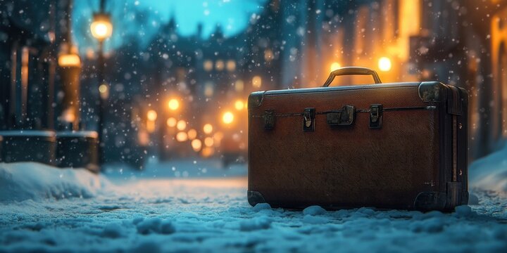 Minimalistic suitcase in a snow-covered urban setting, with glowing streetlights adding warmth to the scene. - Powered by Adobe