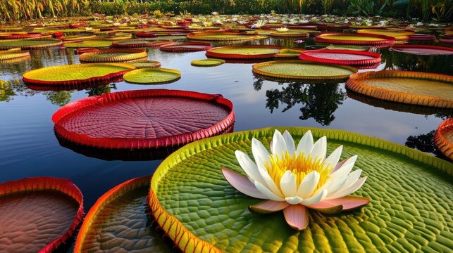 Nymphaea Water Lilies and Vibrant Lily Pads Floating on Serene Lake Surface in Tranquil Natural Setting
