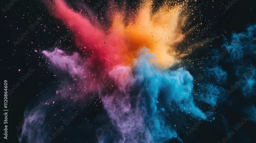 Poster vibrant multicolor powder explosion creating an artistic cloud effect against a dark background show
