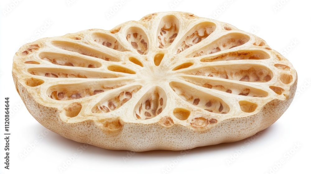 Poster lotus root sliced on a white background showcasing its unique texture and structure for culinary or 