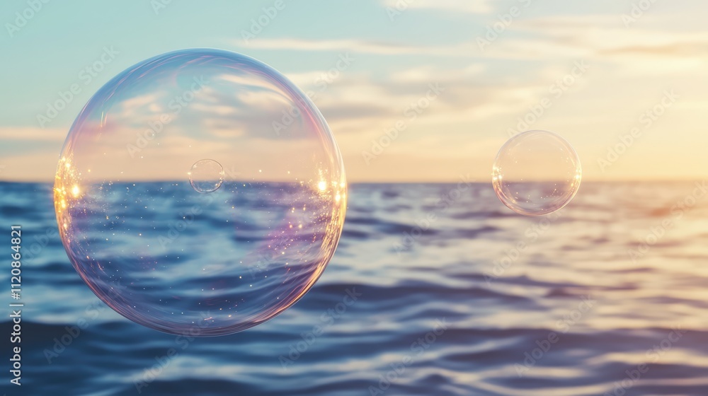 Poster colorful soap bubbles floating above a serene ocean at sunset reflecting light and creating a tranqu
