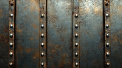 Fototapeta premium Rusty steel plate background with rivets and textured surface for industrial design or vintage themes