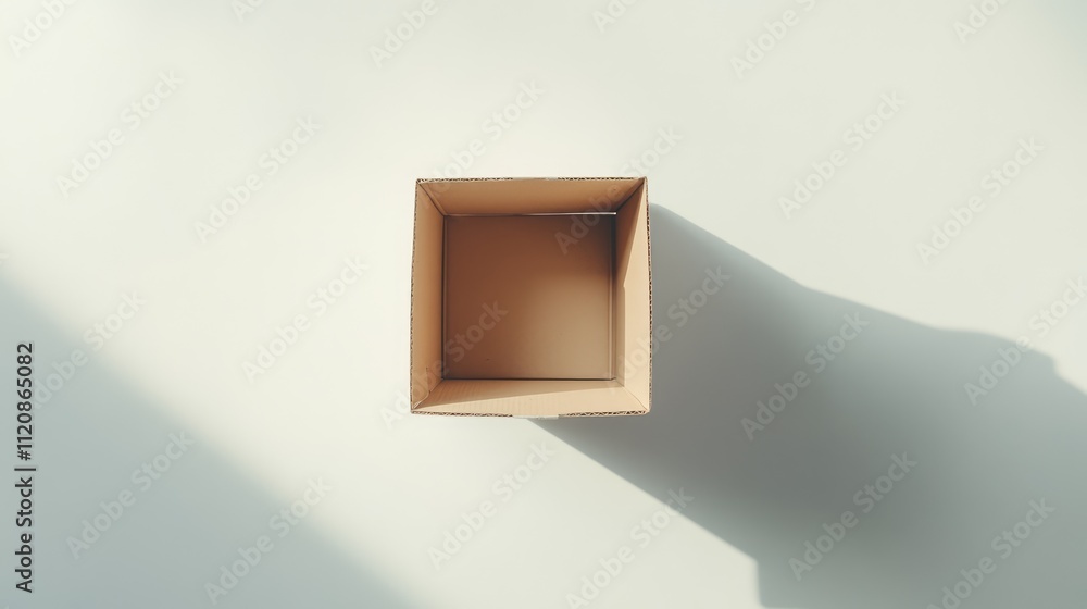 Poster empty open cardboard box placed against a clean white background, casting a soft shadow, ideal for p