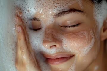 Close-up of woman washing face with foamy cleanser and smiling