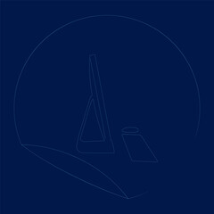 Desktop computer contour from blue lines. Icon sticker on blue background