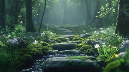 Serene forest pathway with lush moss, stones, and sunlight filtering through trees creating a tranquil natural atmosphere.