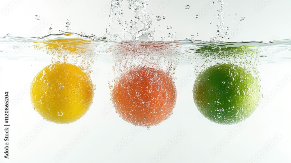 Aufkleber citrus fruits lemon lime and orange splashing into clear water creating bubbles and vibrant splash e