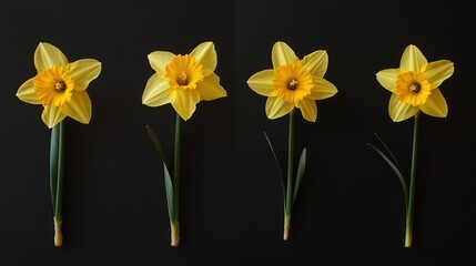 Fototapeta premium Neatly arranged vibrant yellow daffodils on contrasting backgrounds showcasing natural beauty and floral elegance