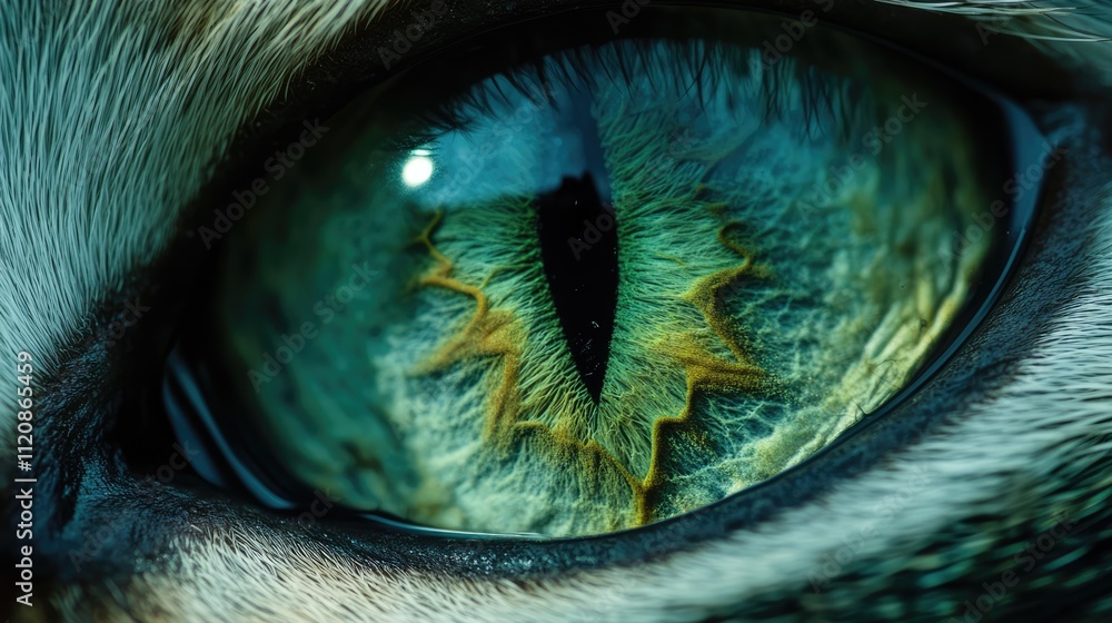 Poster macro photography capturing the stunning and intricate details of a cat's vibrant green eye with mes