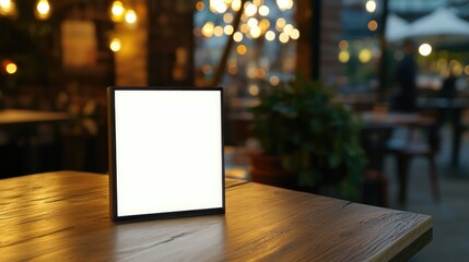 Menu frame mockup on wooden table in a warm bar setting ideal for showcasing custom text in a cafe or restaurant environment.