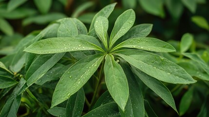 Morning dew on vibrant green cassava leaves showcasing the beauty of nature and freshness in a serene environment.