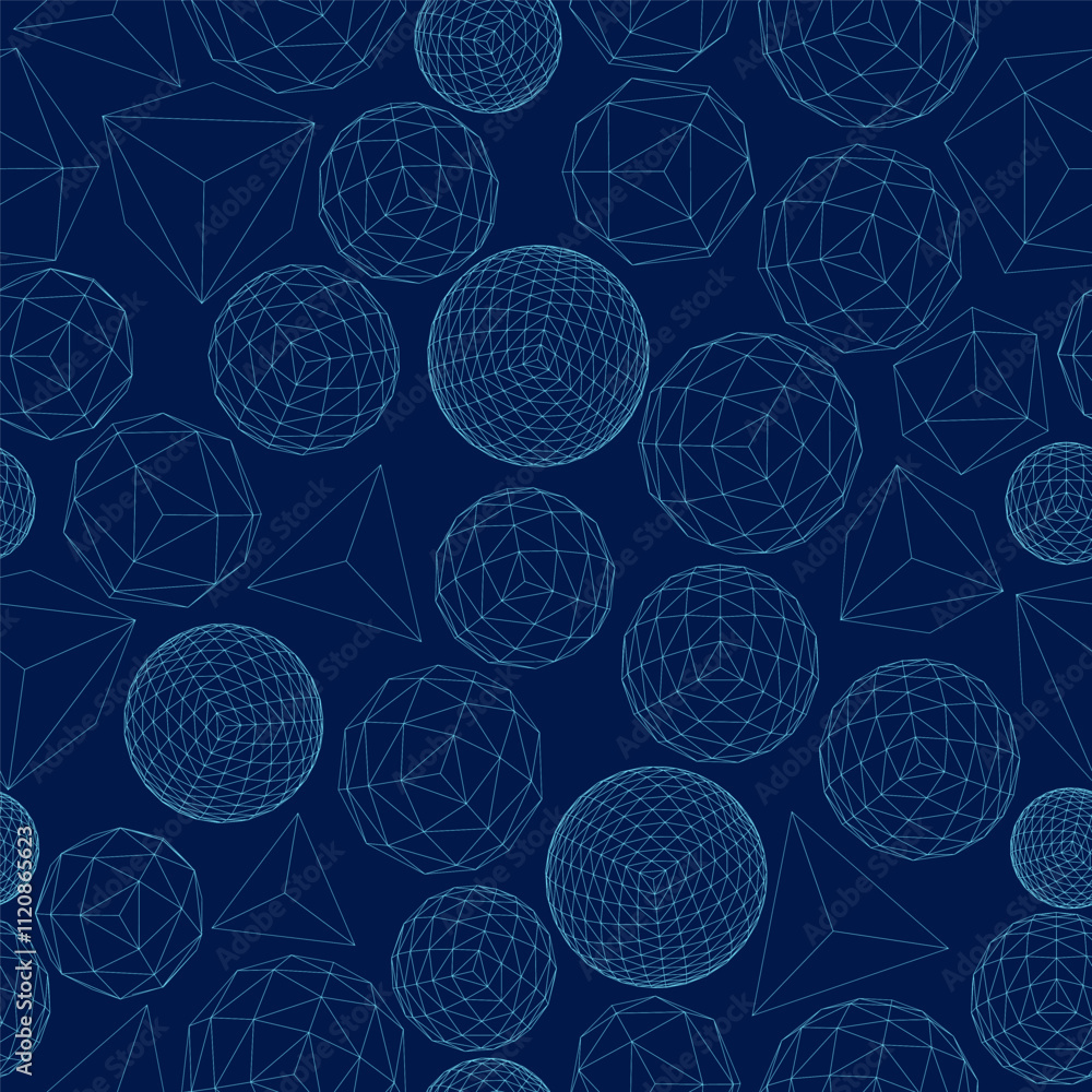Poster seamless texture outline with geometric shapes made of blue lines isolated on dark background. polyg