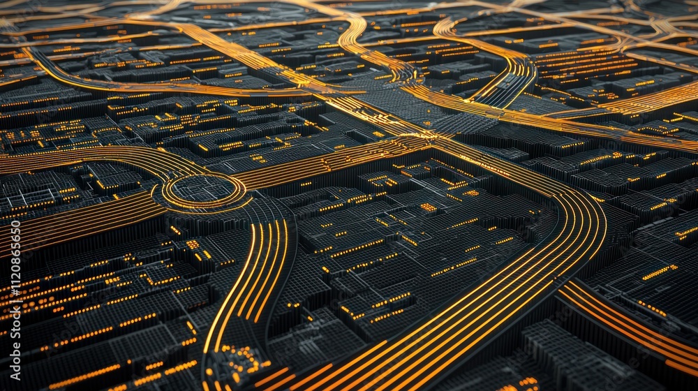 Poster a digital representation of a city layout with illuminated roadways and intersections.