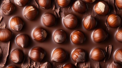 Obraz premium Milk chocolate bar with hazelnuts arranged on a rich chocolate background showcasing a delicious confectionery treat.