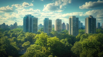 Fototapeta premium Urban skyline amidst lush greenery under a bright sky with fluffy clouds showcasing modern architecture and nature coexistence.