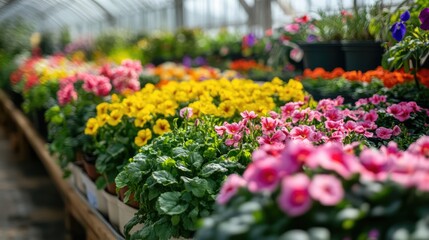 Fototapeta premium Vibrant ornamental plants and flowers flourish in a hydroponic nursery showcasing advanced gardening techniques and industrial horticulture practices