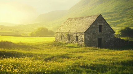 Old stone barn surrounded by lush greenery in the radiant sunshine of the picturesque Irish countryside landscape.