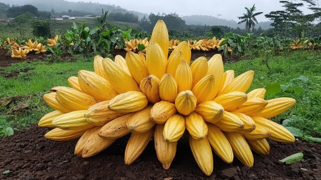 Ripe yellow cocoa Forastero pods arranged in a mound on a lush farm ready for processing into chocolate products.