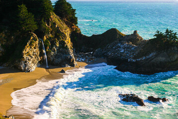 McWay Falls and Saddle Rock at McWay Cove, Julia Pfeiffer Burns State Park, Big Sur Coastline,...