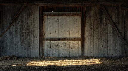 Large dark doorway opening in an old weathered barn illuminated by sunlight casting shadows on straw floor